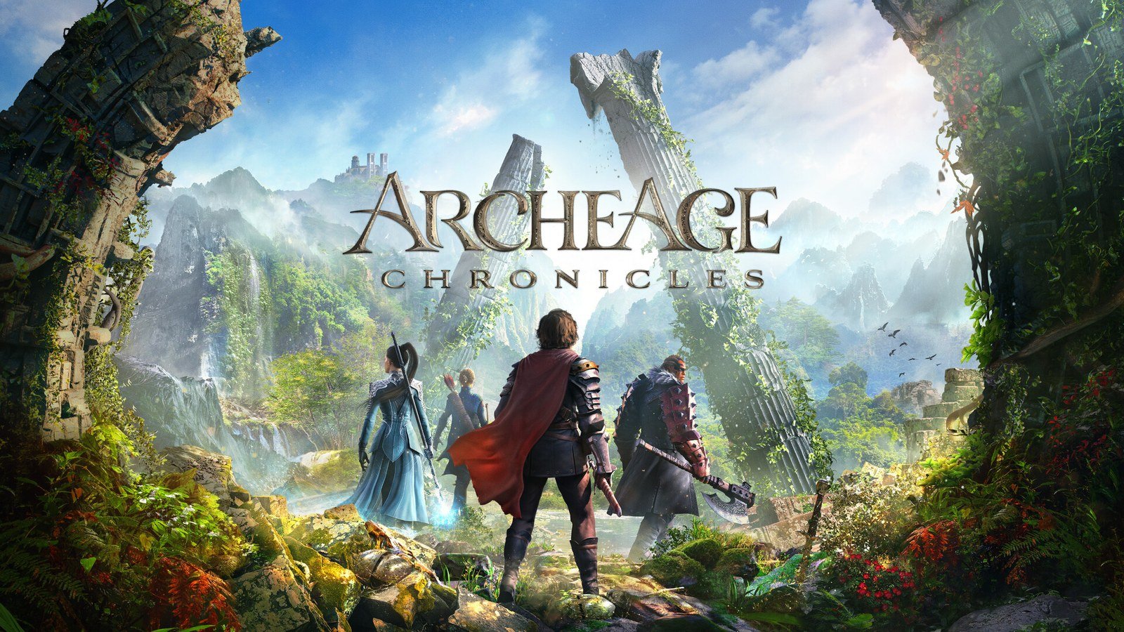 ArcheAge Chronicles key art with four adventurers looking at ruins in Auroria