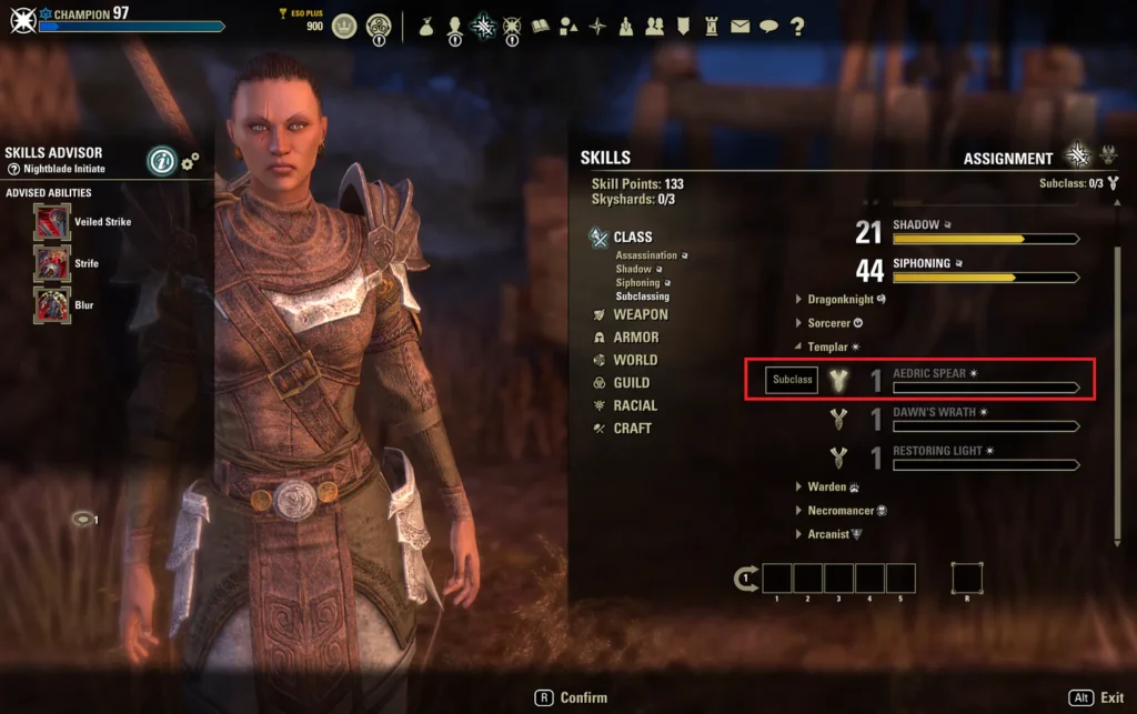 The ESO Skills menu with Subclassing open and the Aedric Spear skill line selected.