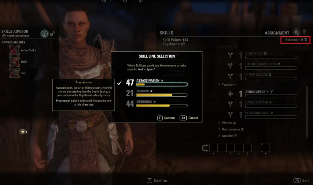 ESO skill-line selection screen showing the Aedric Spear line and one of three subclass slots in use.