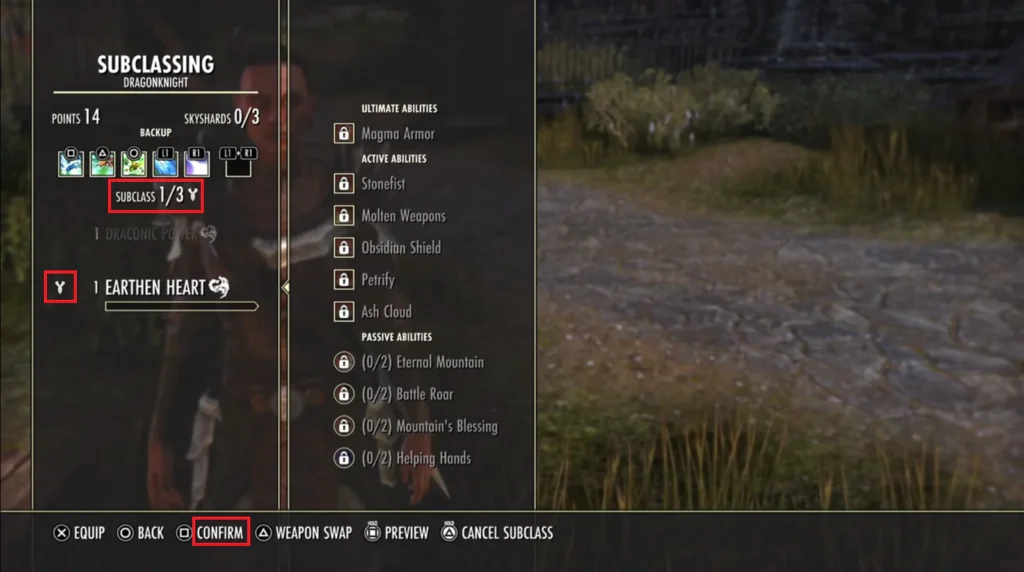 The Elder Scrolls Online subclassing interface for Dragonknight, showing a selected skill line and subclass slots.