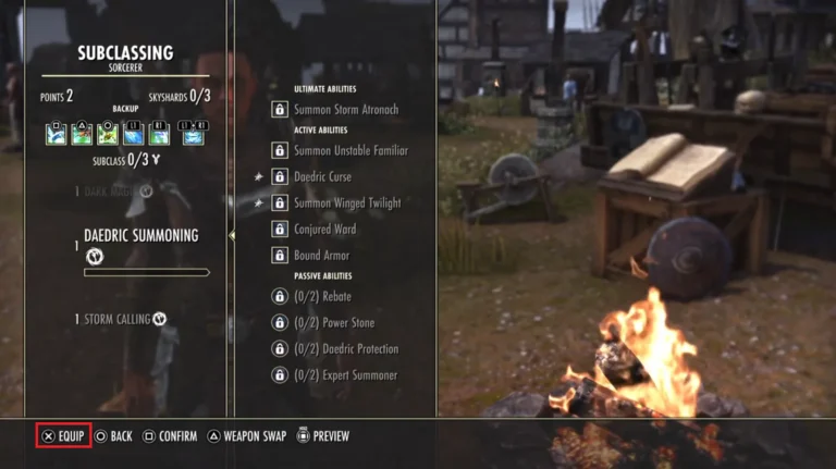 Interface de subclasses de Feiticeiro no ESO, com linhas de habilidade e opções para equipar e confirmar.