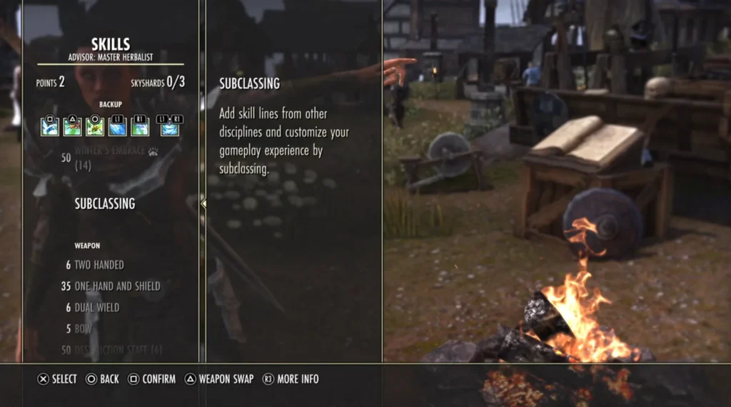Menu de habilidades de ESO com Subclassing aberto e a explicação para adicionar linhas de outras classes.