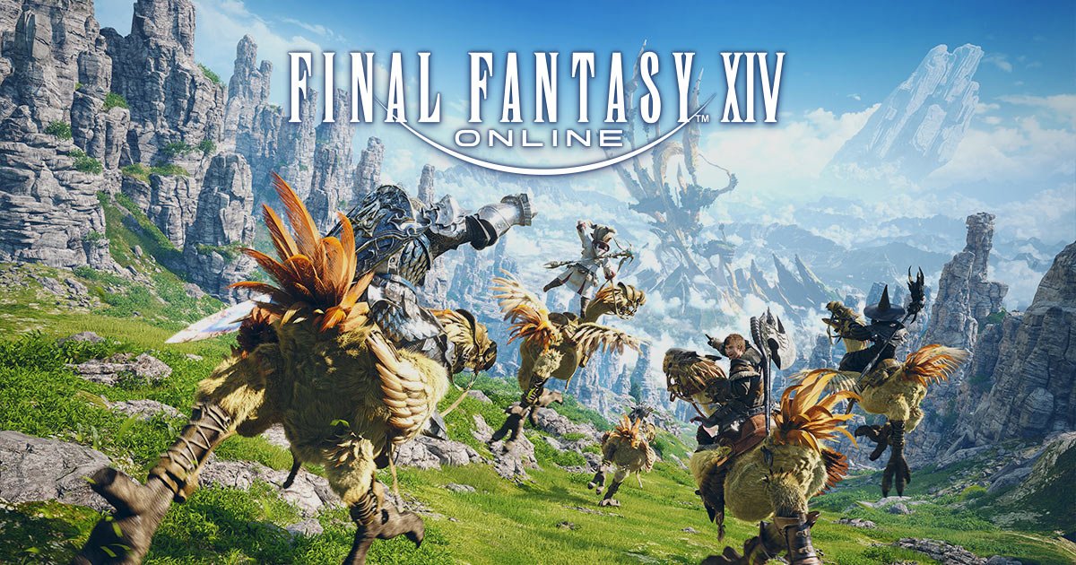 Arte oficial de Final Fantasy XIV Online com aventureiros montados em chocobos