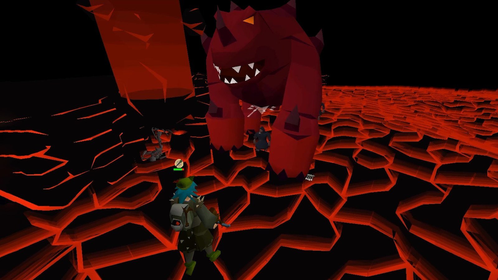 Old School RuneScape player facing a giant red boss on lava