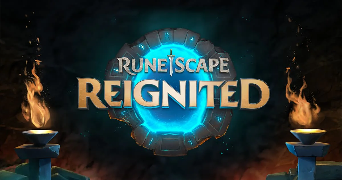 RuneScape Reignited logo over a glowing blue portal framed by braziers.