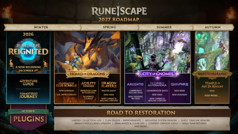 Roteiro oficial de RuneScape para 2027, com RuneScape Reignited na etapa de inverno de 2026.