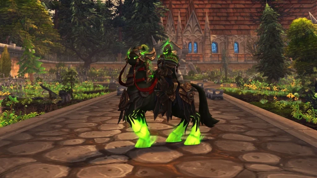 Arte oficial do Blizzard com o Ghoulish Charger e o conjunto de transmog do Cavaleiro sem Cabeça, do Hallow's End.